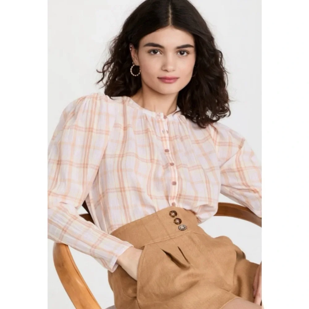ULLA JOHNSON Nour Blouse Button Down Balloon Sleeve Pink Orange Size 2
